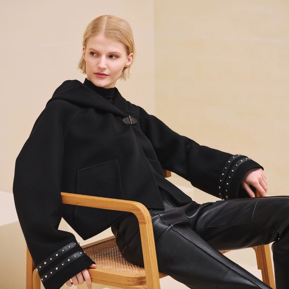 Hermes Clouté Studded Black Cashmere Hooded Jacket